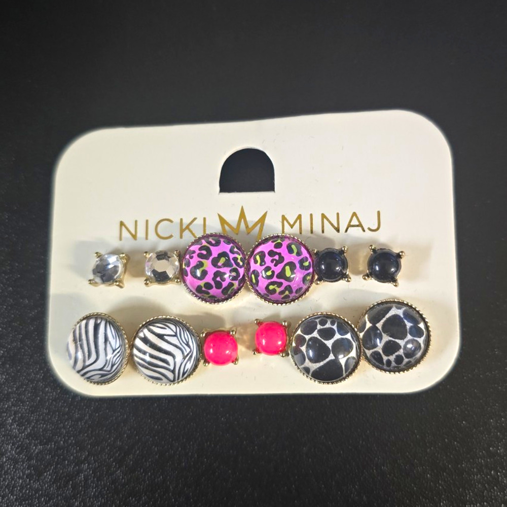 Y2k Nicki Minaj Signed Multicolor Animal Print Rhinestone Stud Earring Set